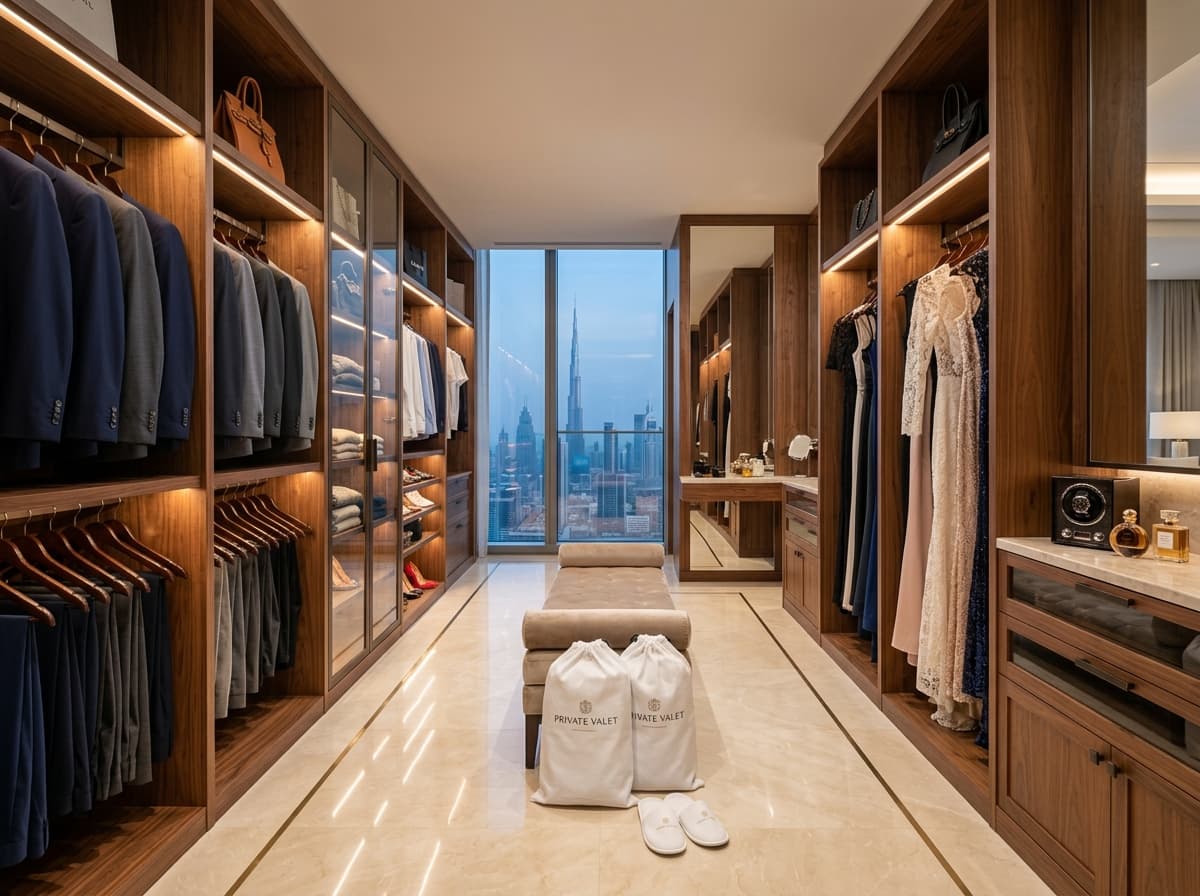 Luxury modern walk-in wardrobe with tailored clothes in Dubai